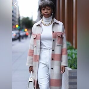 Wool Blended Plaid Jacquard Long Shirt Jacket Shacket